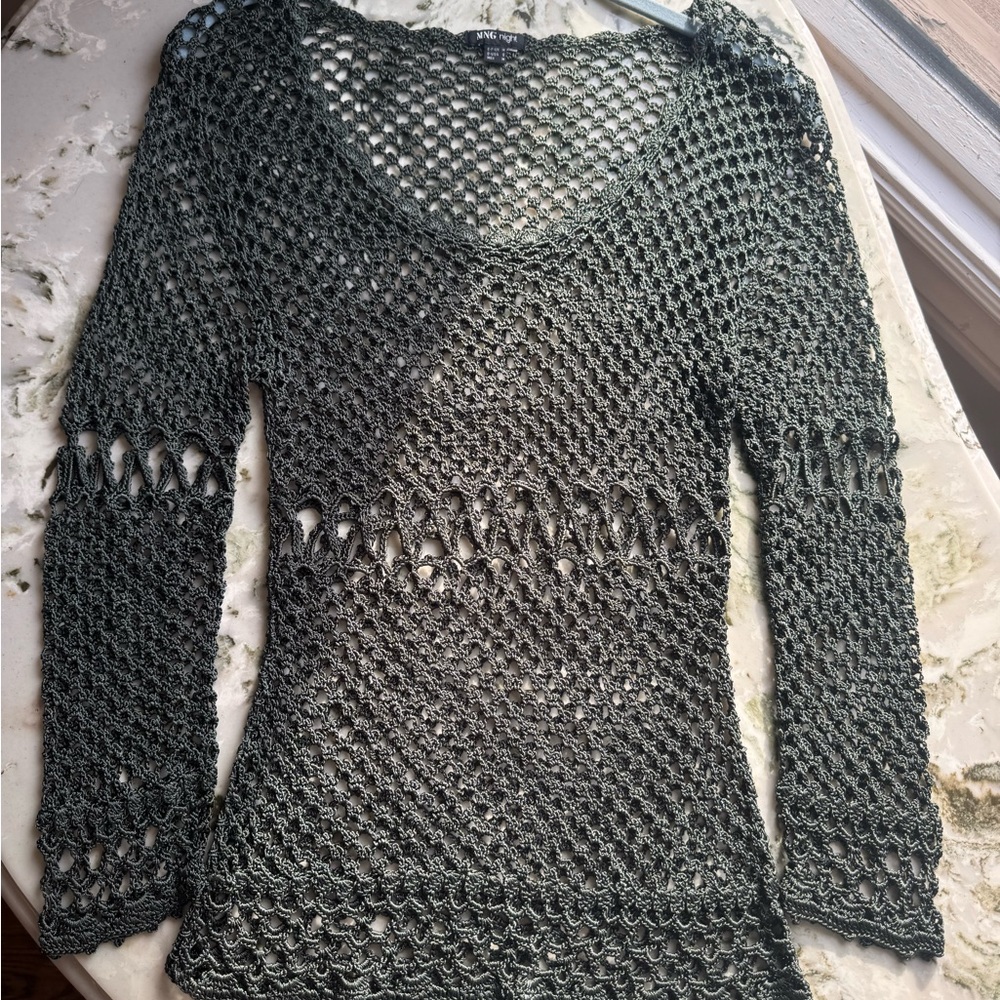 Mango Night Crochet top - shiny dark green knit - size S